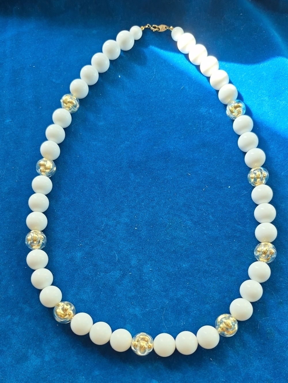 Trifari white Bead Necklace with Gold Accents
